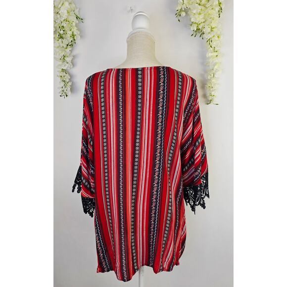 Cato Patriotic Blouse XL Red Striped Tassel Tie Lace Bell Sleeve Americana Boho - Picture 2 of 9